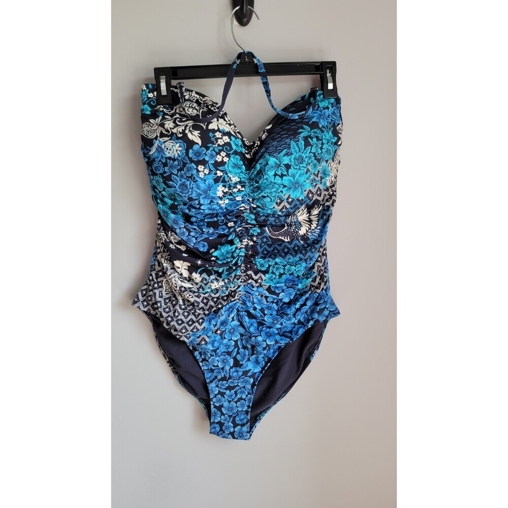 Johnny Was L70724 Blue Multi Ruched Floral-Print One-Piece Swimsuit Size 3X New
